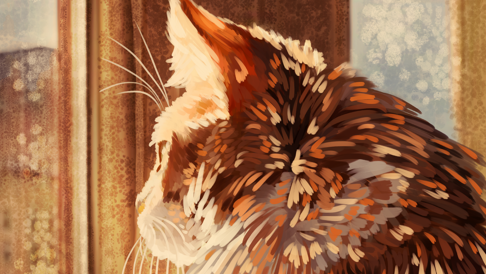 Indoor cat looking out window illustration