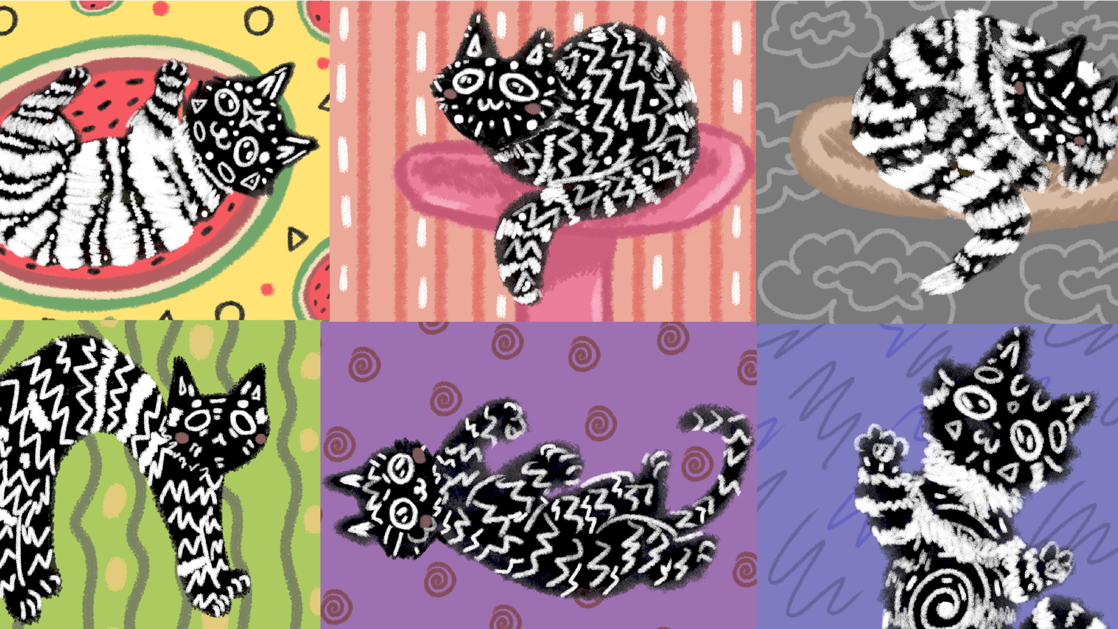 Nine illustrations of a black and white cat.
