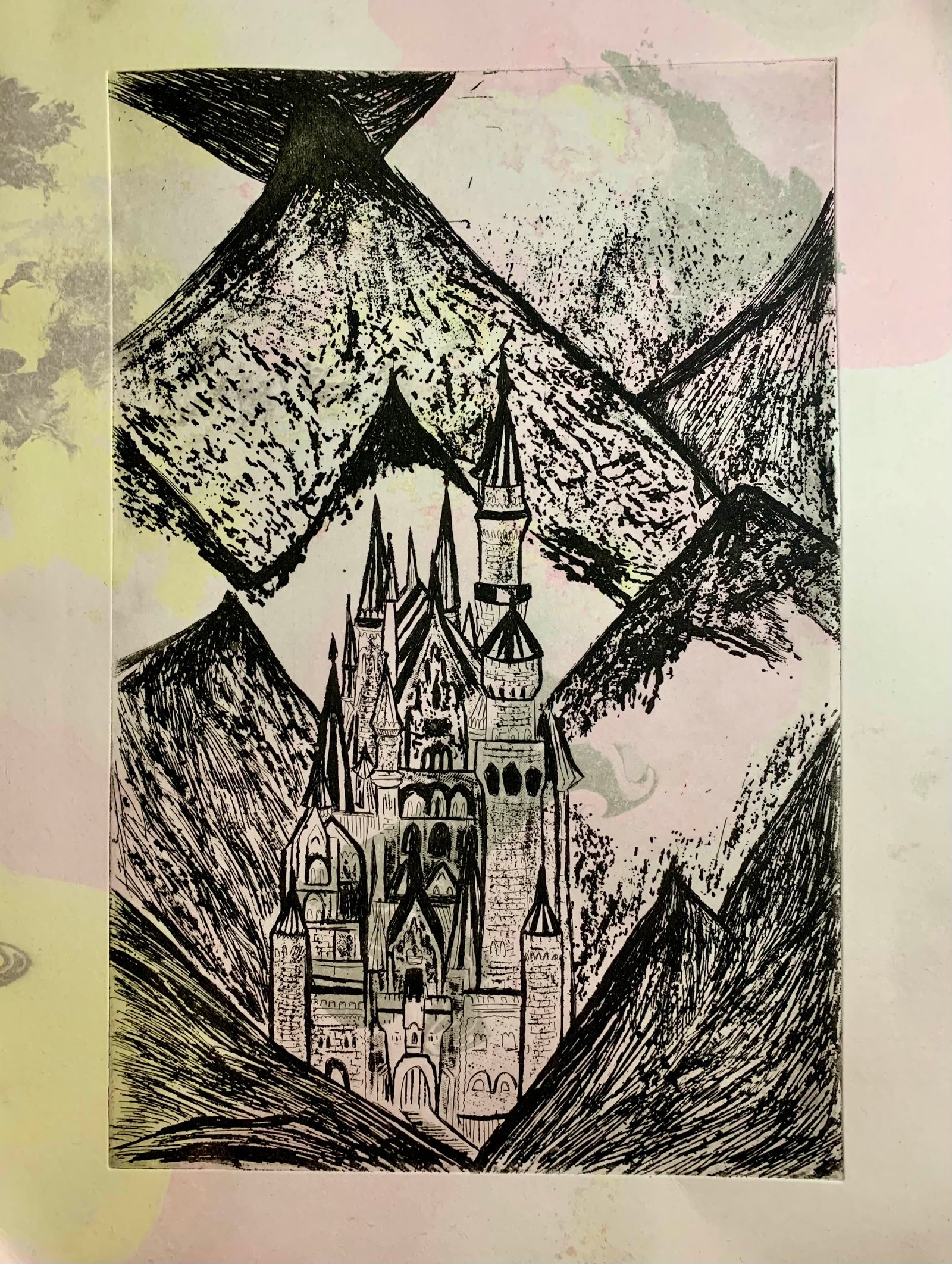 Etching print of a castle.